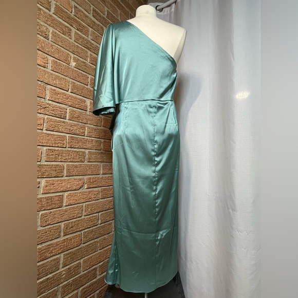 Anrabess NWT Satin Mint green One Shoulder  Bodycon Midi cocktail dress-L - Picture 7 of 12